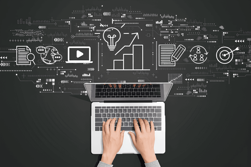 Hands typing on a laptop surrounded by content icons